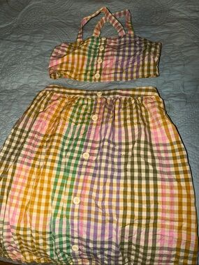 Girls' Multicolor Gingham Crop Top & Skirt Matching Set